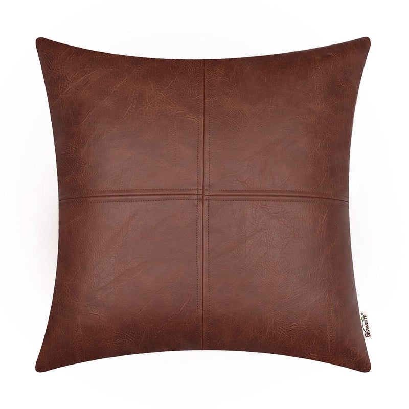 BRAWARM Faux Leather Throw Pillow Covers 16 X 16 Inches  Dark Brown Leather Pillow Cover  Hand Stitched Leather Decorative Pillow Cover for Couch Sofa Bed Living Room Home Garden