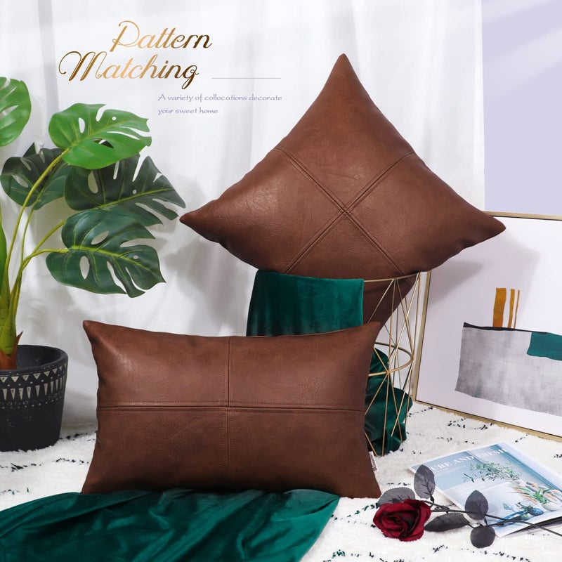 BRAWARM Faux Leather Throw Pillow Covers 16 X 16 Inches  Dark Brown Leather Pillow Cover  Hand Stitched Leather Decorative Pillow Cover for Couch Sofa Bed Living Room Home Garden