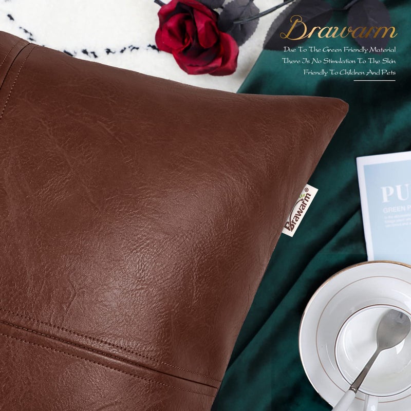 BRAWARM Faux Leather Throw Pillow Covers 16 X 16 Inches  Dark Brown Leather Pillow Cover  Hand Stitched Leather Decorative Pillow Cover for Couch Sofa Bed Living Room Home Garden