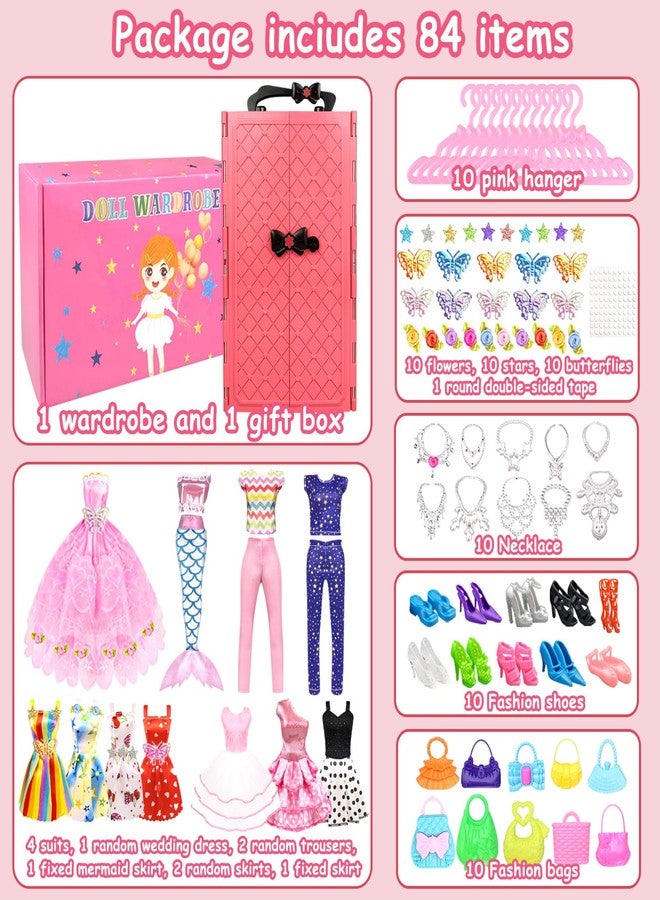 VLUSSO 84 Pack Doll Clothes and Accessories with Doll Closet for 11.5 Inch Doll Fashion Design Kit Girl Including Wedding Dress Fashion Dress Outfits Tops and Pants Shoes Hangers Bags Necklaces - Image 2