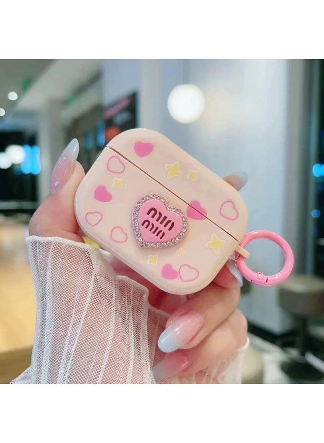 Miu Miu Cute Protective Case for Earbuds 3 Pro, 3D Pattern Design with Hearts and Stars, Charging Box Cover with Ring Holder, Pink
