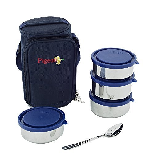 Pigeon Classmate Stainless Steel Lunch Box with Insulated Bag – 4 Containers | Leak-Proof Steel Tiffin for Office, School & Travel | 300ml X 2, 450ml X 2 Containers - Image 1