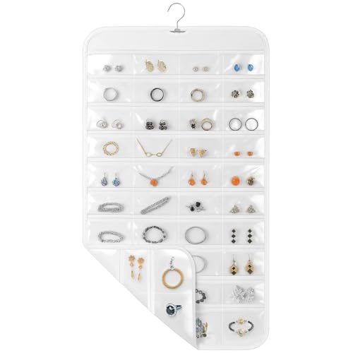 Okxiri Hanging Jewelry Organizer for Closet with Swiveling Hanger, 17 x 30 In, 80 Clear Pockets Jewelry Organizer Hanging for Jewelries, Earrings, Accessories (Beige) (1, White) - Image 5