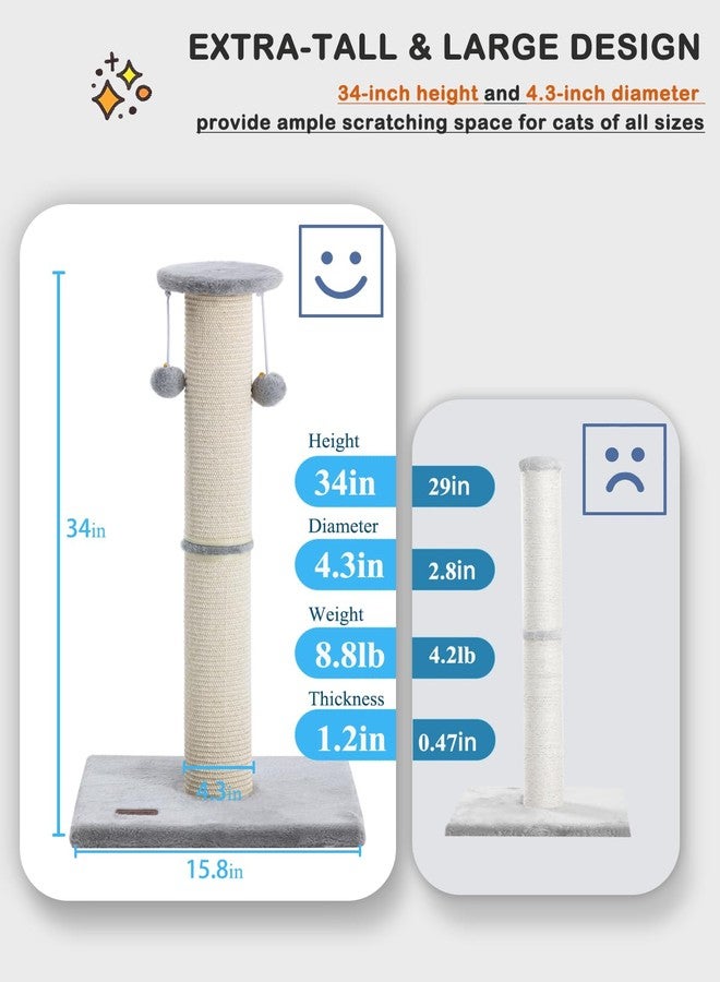 Kilodor Cat Scratching Post 34 Inches Large Sturdy Cat Post with Replaceable Sisal Scratcher and Hanging Ball Scratching Post for Indoor Cats Adult Grey - Image 3
