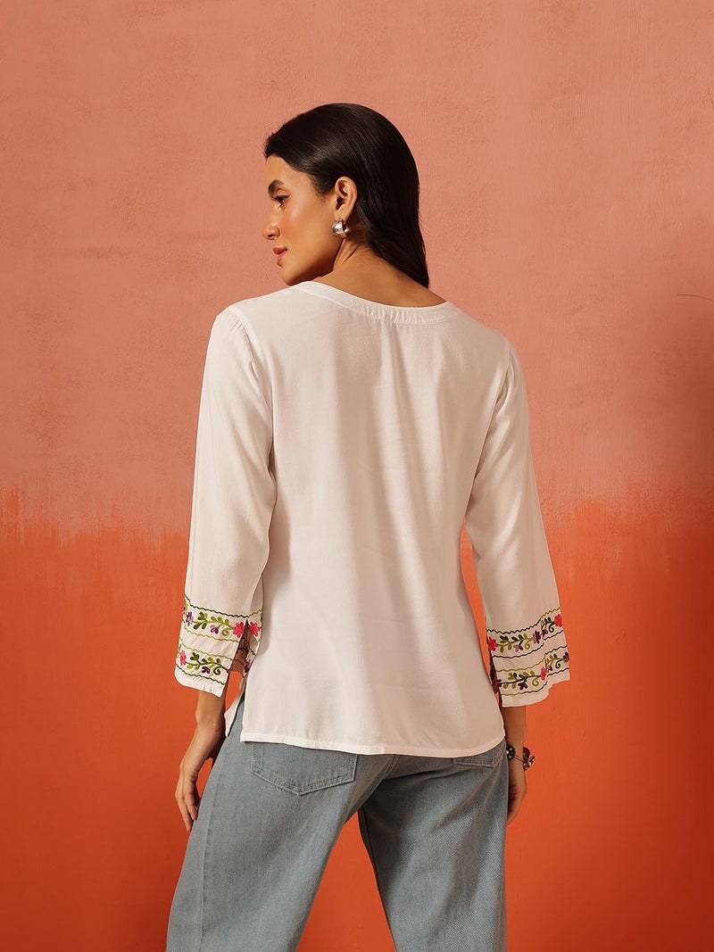 QAZMI Women Rayon Regular Fit Amina Kashmiri Embroidered V-Neck Short Kurti_2XL White - Image 5