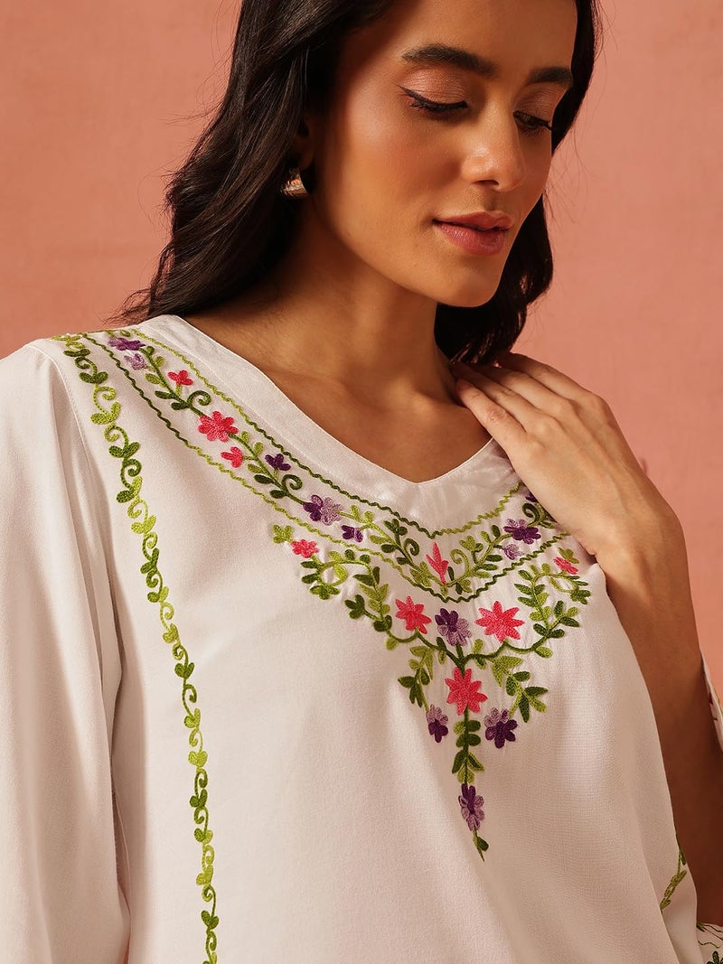 QAZMI Women Rayon Regular Fit Amina Kashmiri Embroidered V-Neck Short Kurti_2XL White - Image 2