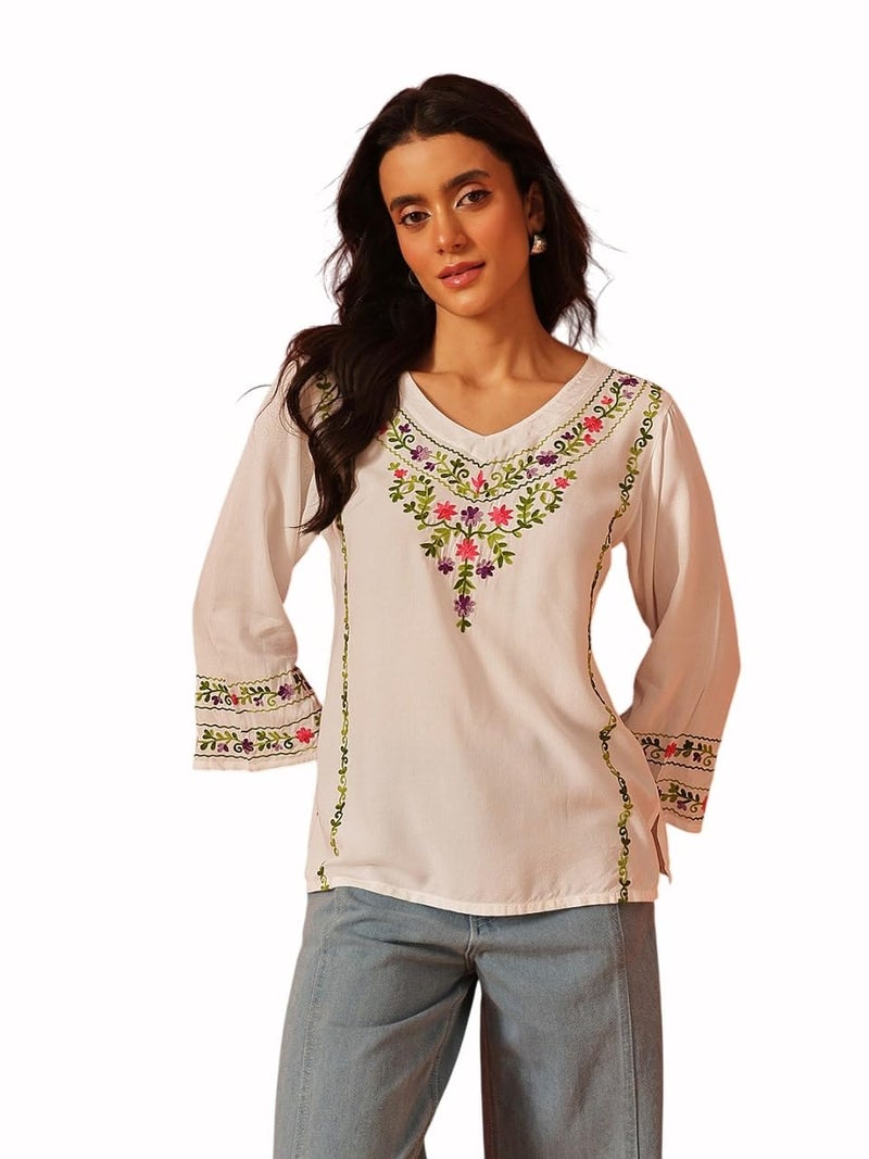 QAZMI Women Rayon Regular Fit Amina Kashmiri Embroidered V-Neck Short Kurti_2XL White - Image 1