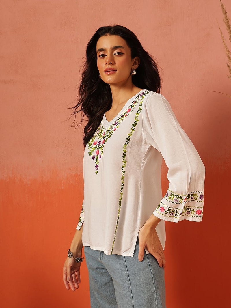 QAZMI Women Rayon Regular Fit Amina Kashmiri Embroidered V-Neck Short Kurti_2XL White - Image 4