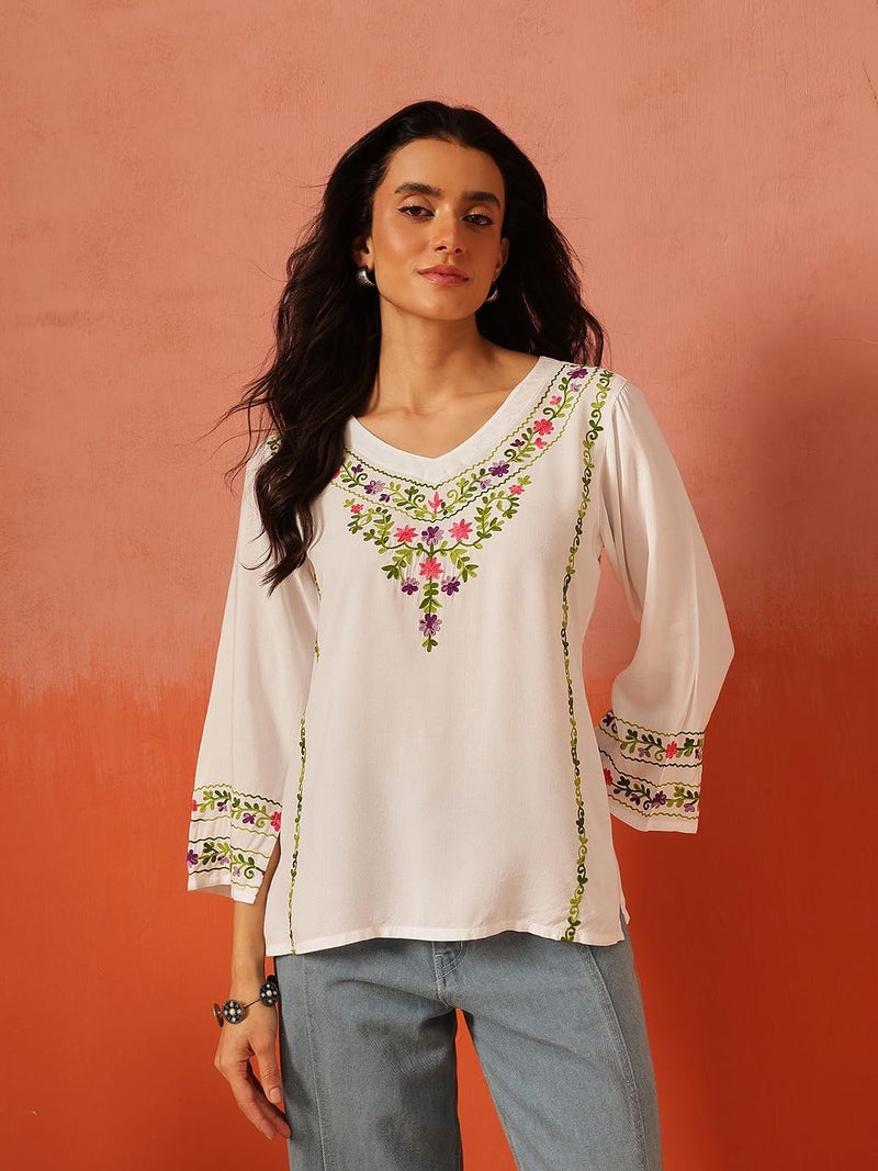 QAZMI Women Rayon Regular Fit Amina Kashmiri Embroidered V-Neck Short Kurti_2XL White - Image 3