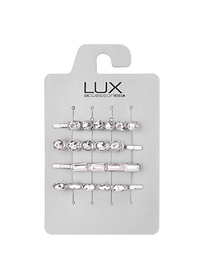 Lux Accessories Set Of 4 Pieces Round Rectangle Clear Crystal Rhinestones Silver Hair Pins - Image 1