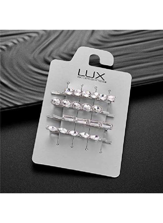 Lux Accessories Set Of 4 Pieces Round Rectangle Clear Crystal Rhinestones Silver Hair Pins - Image 3