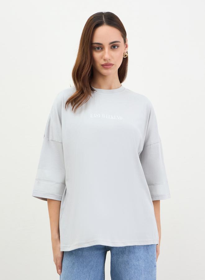 Styli Grey Oversized Slogan Print T-Shirt - Image 3