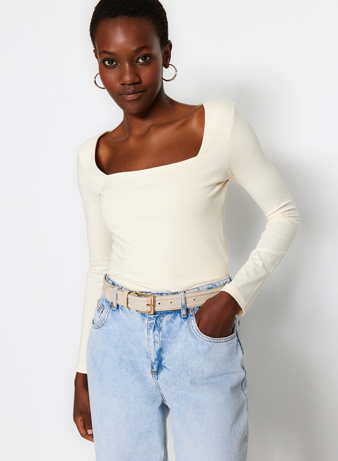 trendyol Stone Cotton Stretchy Square Neck Fitted/Sleeping Knit Blouse - Image 4