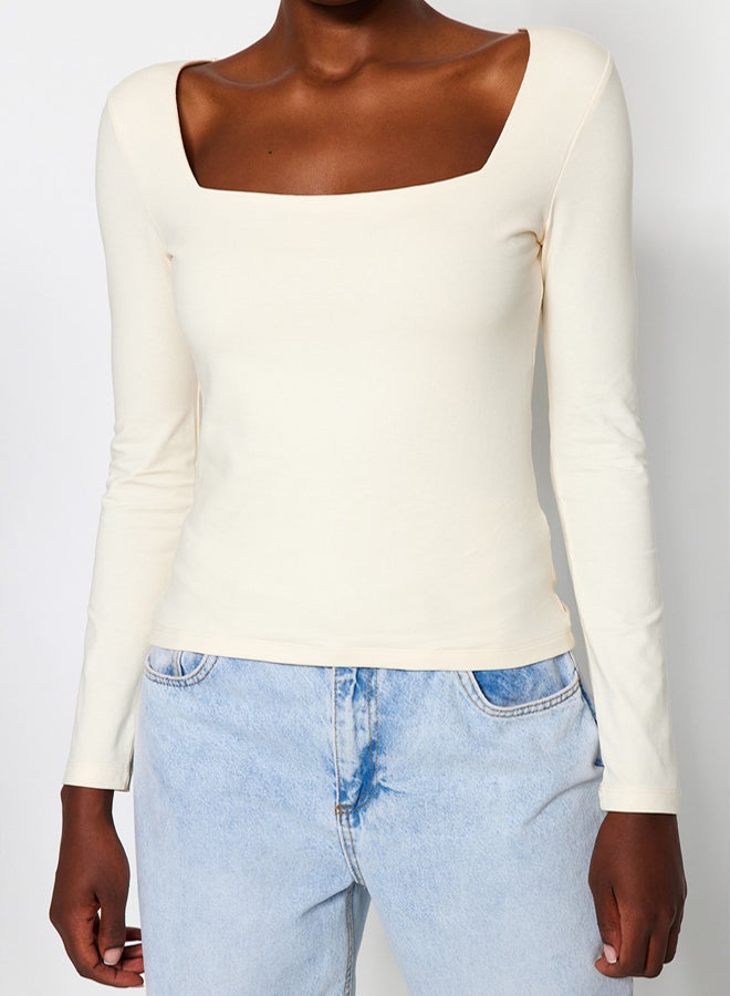 trendyol Stone Cotton Stretchy Square Neck Fitted/Sleeping Knit Blouse - Image 2