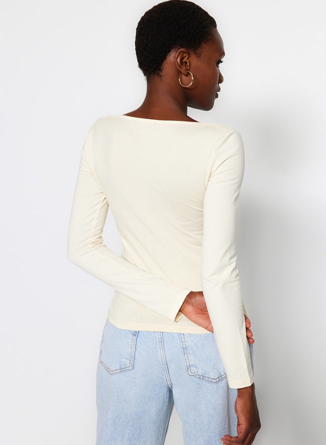 trendyol Stone Cotton Stretchy Square Neck Fitted/Sleeping Knit Blouse - Image 5