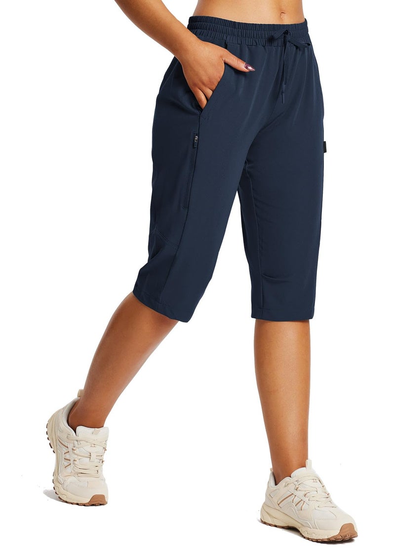 baleaf Women's 15" Long Hiking Capri Below The Knee Quick Dry Cargo Shorts UPF 50 Lightweight Zip Pocket Elastic Waist Dark Blue M - Image 1
