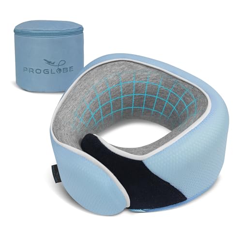 Proglobe Junior Kids Travel Neck Pillow - Ergonomic Memory Foam Pillow for Airplane, Car, Booster Seat - Soft, Washable, Compact Travel Pillow with Strap - Light Blue - Ages 4 Years and Up - Image 1