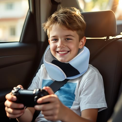 Proglobe Junior Kids Travel Neck Pillow - Ergonomic Memory Foam Pillow for Airplane, Car, Booster Seat - Soft, Washable, Compact Travel Pillow with Strap - Light Blue - Ages 4 Years and Up - Image 2