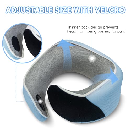 Proglobe Junior Kids Travel Neck Pillow - Ergonomic Memory Foam Pillow for Airplane, Car, Booster Seat - Soft, Washable, Compact Travel Pillow with Strap - Light Blue - Ages 4 Years and Up - Image 4