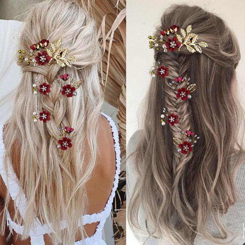 LAPOHI 5 PCS Bridal Flower Wedding Hair Pins Crystal Pearl Headpiece Gold Wedding Hair Accessories Jewelry Rhinestone for Brides Bridesmaids Women Girls Updo, Exquisite Flower Leaves&Elegant Burgundy - Image 3