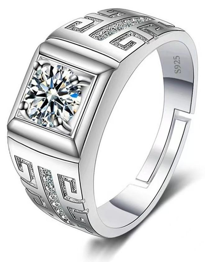ممتاز 1 قيراط مويسانيتي خاتم زفاف الرجال، S925 مطلي بالذهب الأبيض، حجم قابل للتعديل، صندوق هدايا فاخر، جاهز للهدايا - Image 1
