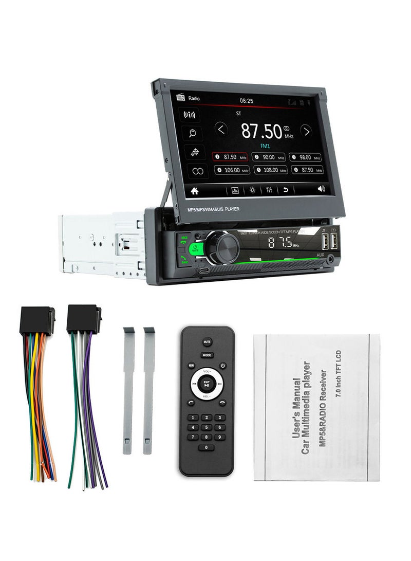 شاشة قابلة للسحب مقاس 7 بوصات مشغل MP5 MP4 MP3 للسيارة BT 5.1 محدد تردد السيارة وراديو AUX ومدخل صوت مع واجهات USB مزدوجة وأضواء أزرار بسبعة ألوان - Image 1