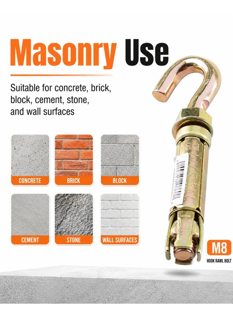 AL ARQAM M8 Fix Rawl Bolt Hook Anchor, Gold Expansion Sleeve Hook Bolt, 30 Pieces Box, Heavy Duty Wall Ceiling Hanging Fastener For Concrete Brick Block Masonry - Image 2