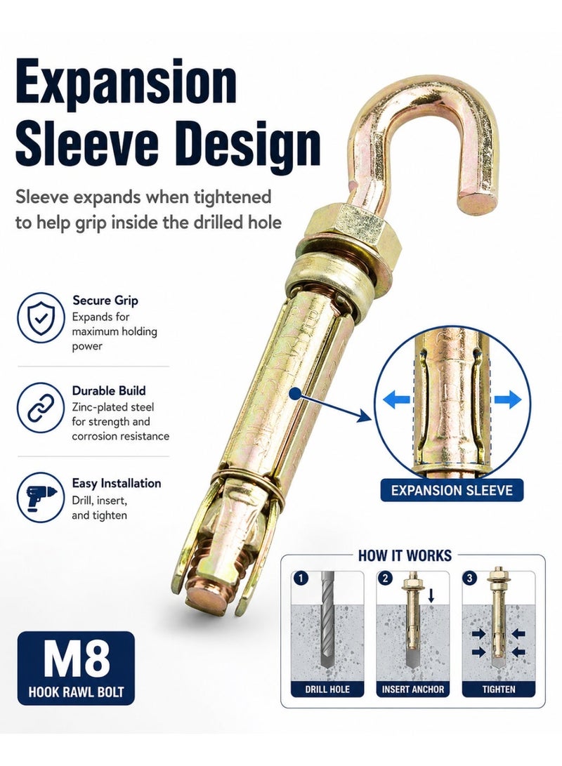 AL ARQAM M8 Fix Rawl Bolt Hook Anchor, Gold Expansion Sleeve Hook Bolt, 30 Pieces Box, Heavy Duty Wall Ceiling Hanging Fastener For Concrete Brick Block Masonry - Image 4