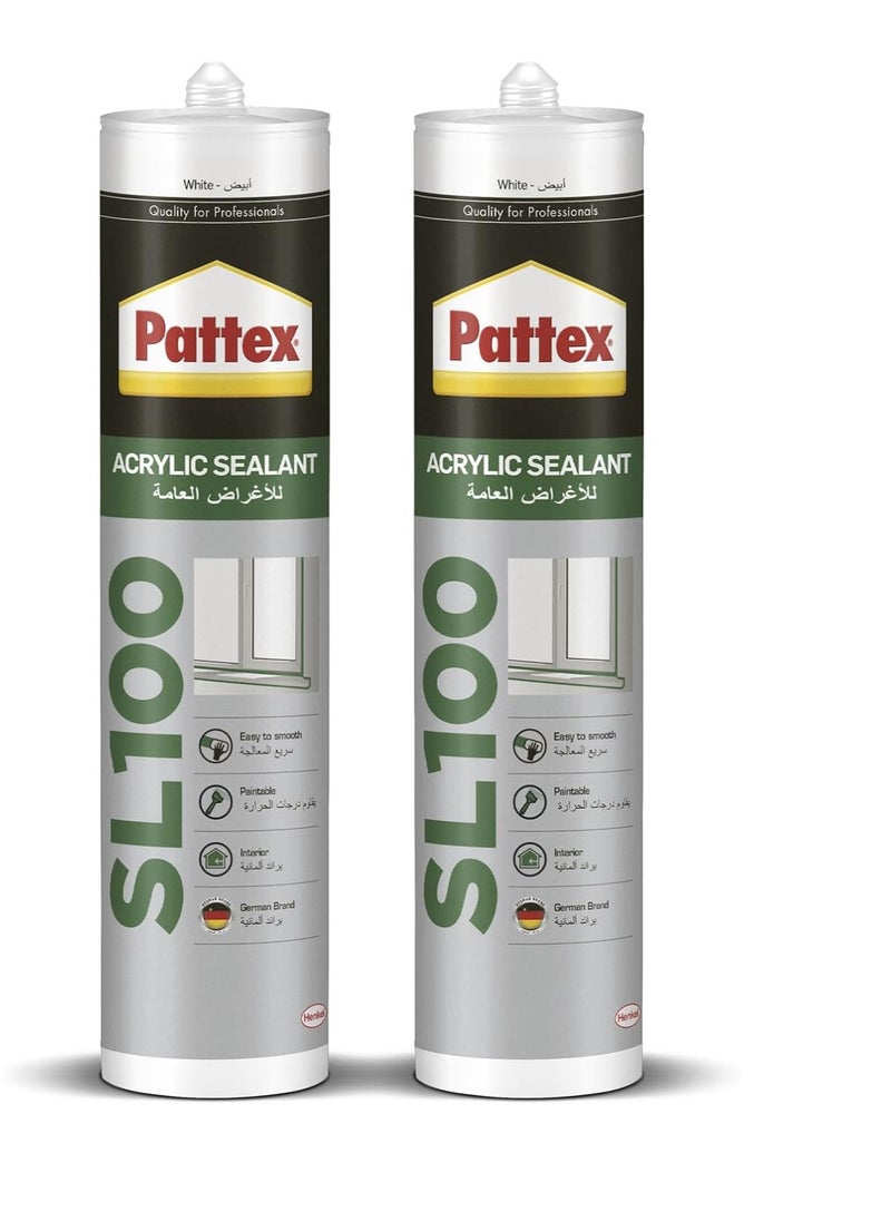 Pattex Pattex SL100 Acrylic Sealant in White, Joint Filler for Interior Use, Ideal for Cracks, Door & Window Frame Sealant, Easy to Use White Sealant,280ml Cartridge, Pack of 2  - Image 1