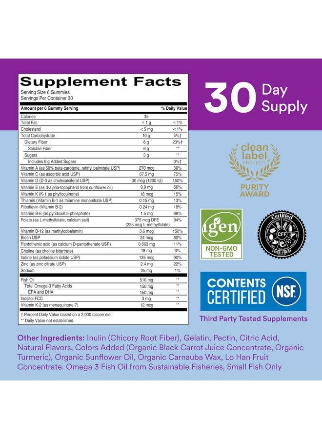 SmartyPants SmartyPants Fiber Supplement & Multivitamin for Men & Women: Multivitamin Fiber Gummies with Vitamin D3, C, Vitamin B12, B6, A, K & Zinc, Omega 3 Fish Oil (EPA/DHA), Biotin, 180 Count (30 Day Supply) - Image 2