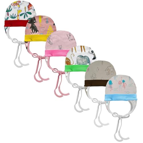 CUTEABLY Babies Cotton Cap with Ear Flaps and Tie Knots, Assorted Prints (in, Age, 3 Months, 6 Months, Pack of 6) - Image 1