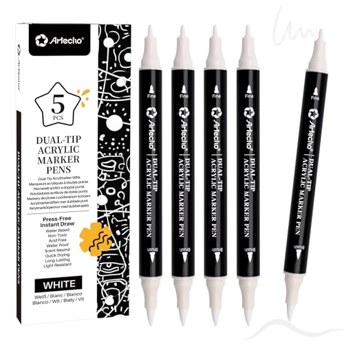 Artecho Dual Tip Acrylic Paint Pen White 5pcs setFine Tip and Brush Tip for Stone Rock Painting Paper Pumpkin Wood Egg Canvas Ceramic Fabric leather Glass DIY Crafts - Image 1