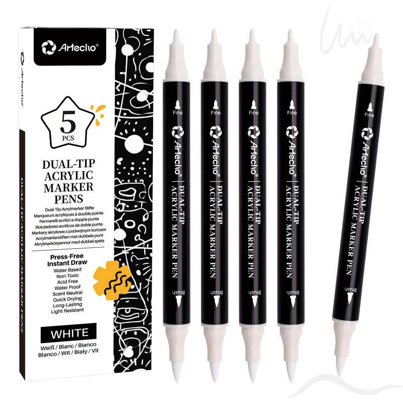 Artecho Dual Tip Acrylic Paint Pen White 5pcs setFine Tip and Brush Tip for Stone Rock Painting Paper Pumpkin Wood Egg Canvas Ceramic Fabric leather Glass DIY Crafts - Image 3