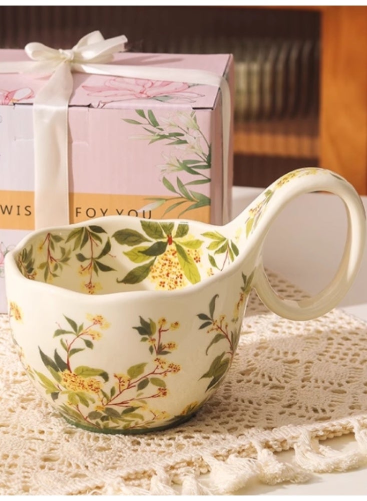 Vintage Ceramic Mug With Spoon, Home Breakfast Bowl, Afternoon Tea, Coffee Cup Green Osmanthus Flower+Gift Box Set - Image 1