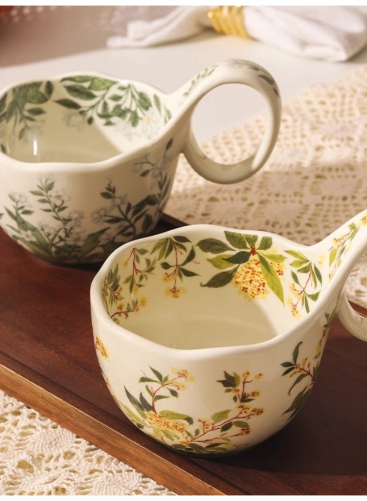 Vintage Ceramic Mug With Spoon, Home Breakfast Bowl, Afternoon Tea, Coffee Cup Green Osmanthus Flower+Gift Box Set - Image 2