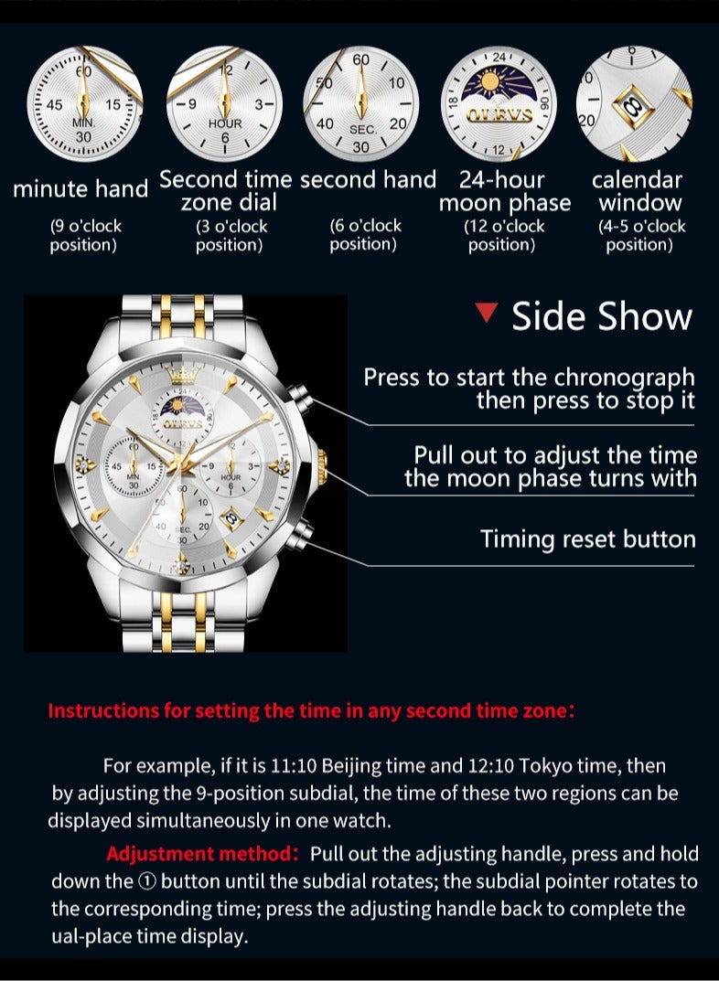 أوليفز ساعة رجالية فاخرة وعالية الجودة مقاومة للماء متعددة الوظائف بسوار من الفولاذ المقاوم للصدأ زجاج متين بطبقة مقاومة للانزلاق تصميم عصري مضيء - Image 2