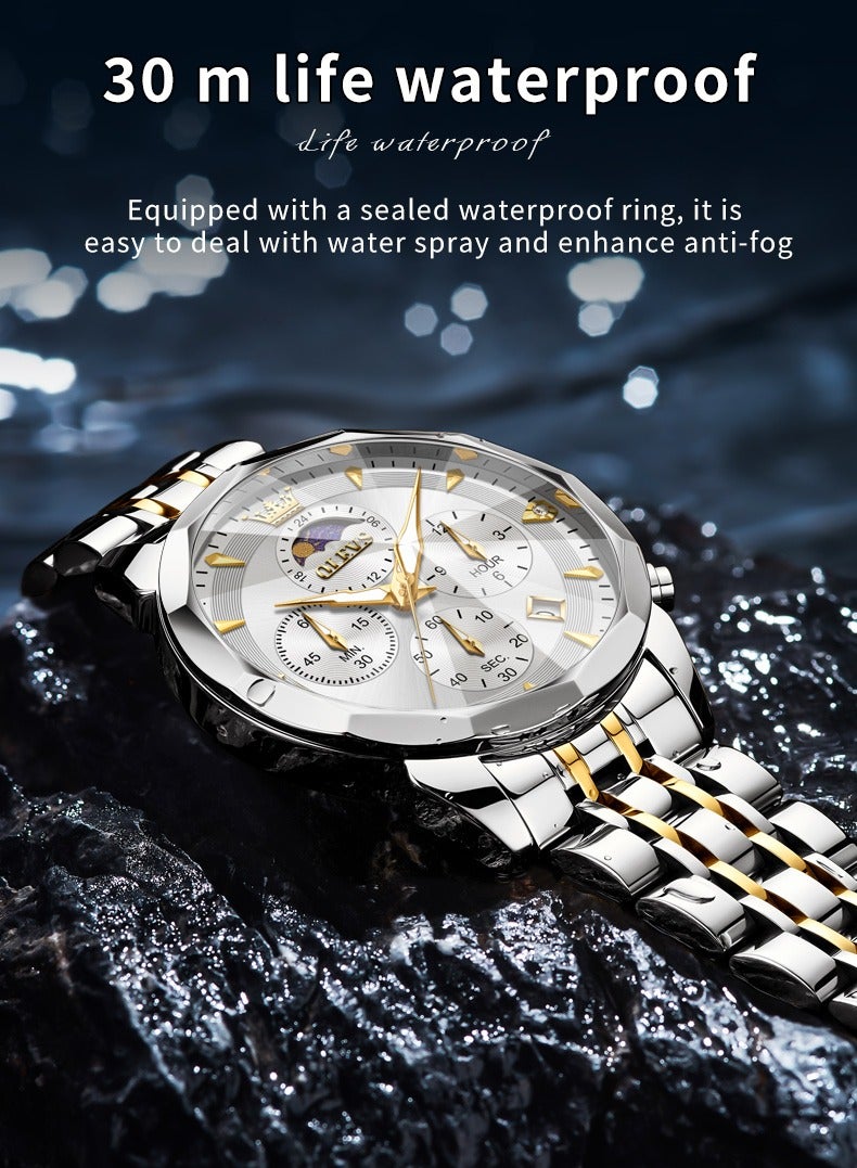 أوليفز ساعة رجالية فاخرة وعالية الجودة مقاومة للماء متعددة الوظائف بسوار من الفولاذ المقاوم للصدأ زجاج متين بطبقة مقاومة للانزلاق تصميم عصري مضيء - Image 3