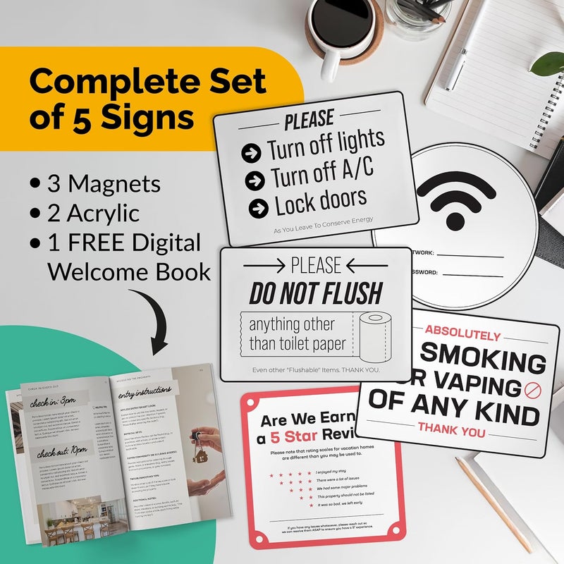ORCA 5 Essential AirBnB Signs For Hosts | Wifi Password Sign For Home Guests, No Smoking, Do Not Flush For Bathroom Toilet, Turn Off Lights & AC, Air Bnb Vacation Rental Review Request Fridge Magnet - Image 2