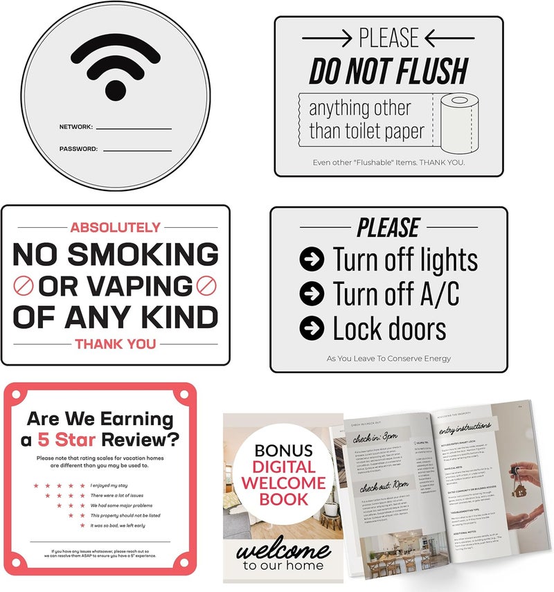 ORCA 5 Essential AirBnB Signs For Hosts | Wifi Password Sign For Home Guests, No Smoking, Do Not Flush For Bathroom Toilet, Turn Off Lights & AC, Air Bnb Vacation Rental Review Request Fridge Magnet - Image 1