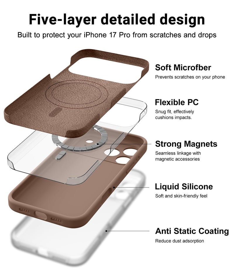 OTOFLY Magnetic for iPhone 17 Pro Case,Compatible with Magsafe,Classic Liquid Silicone Mobile Phone Case,Integrated Camera Control Button,Anti-Scratch Microfiber Lining, Light Brown - Image 4