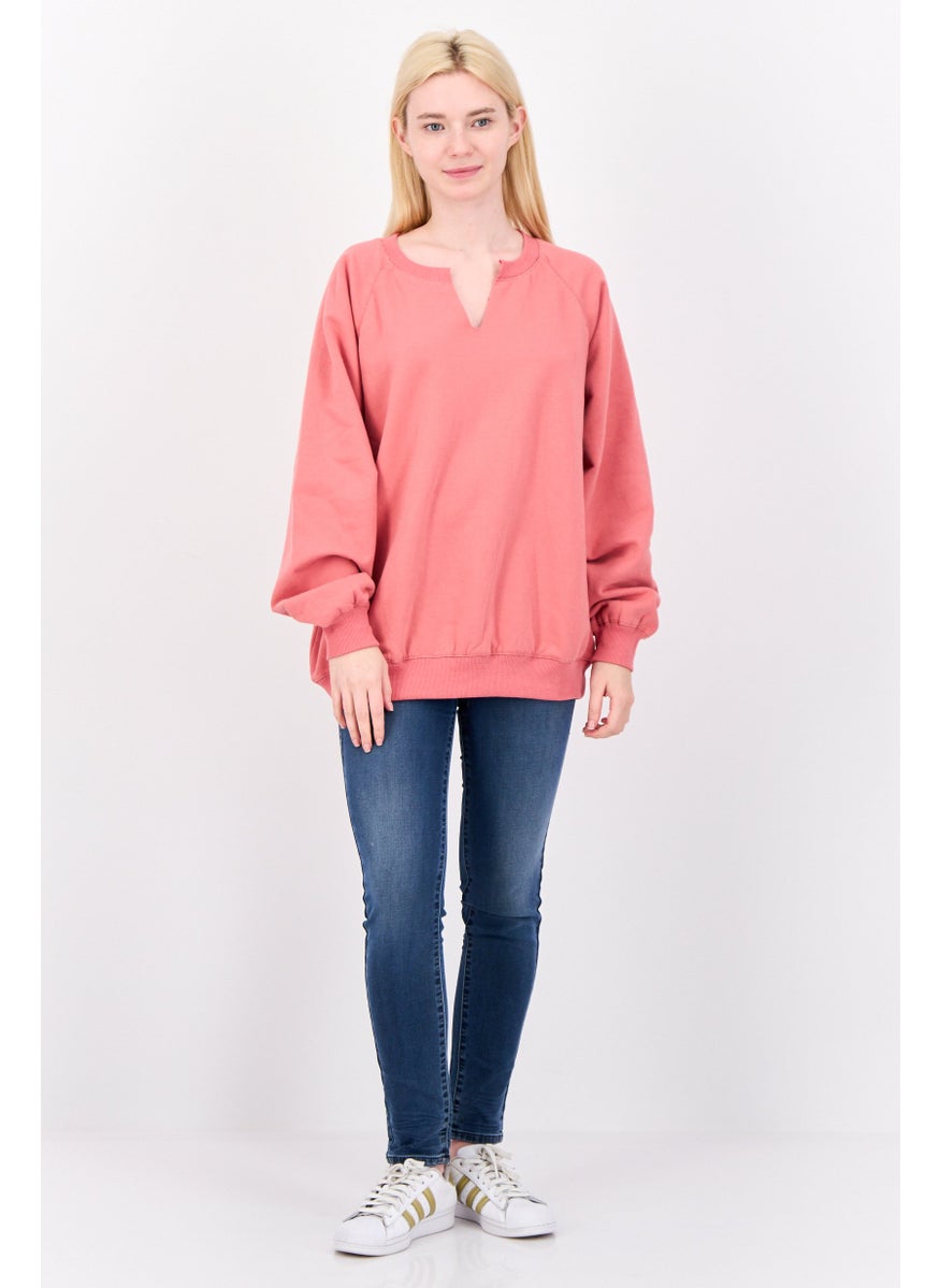 NIA Women Split Neck Long Sleeve Plain Sweatshirts, Coral  - Image 4
