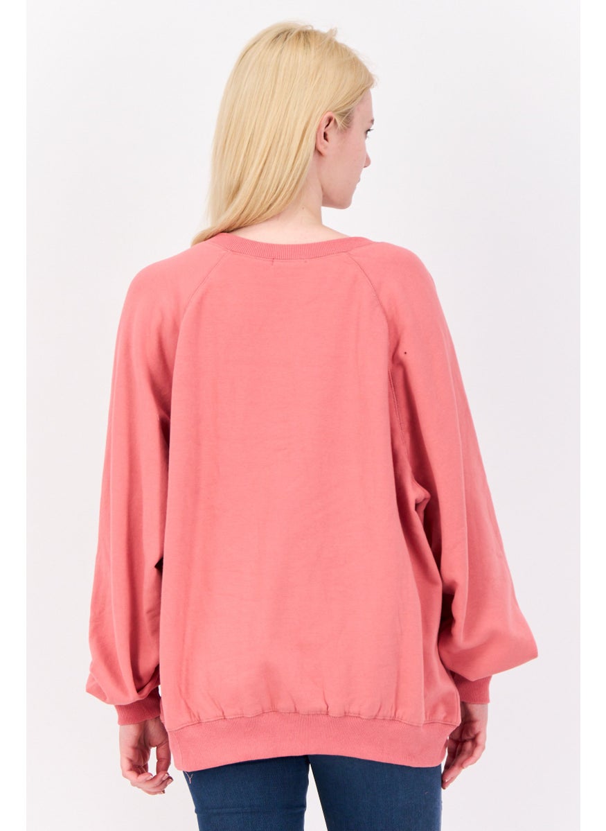 NIA Women Split Neck Long Sleeve Plain Sweatshirts, Coral  - Image 3