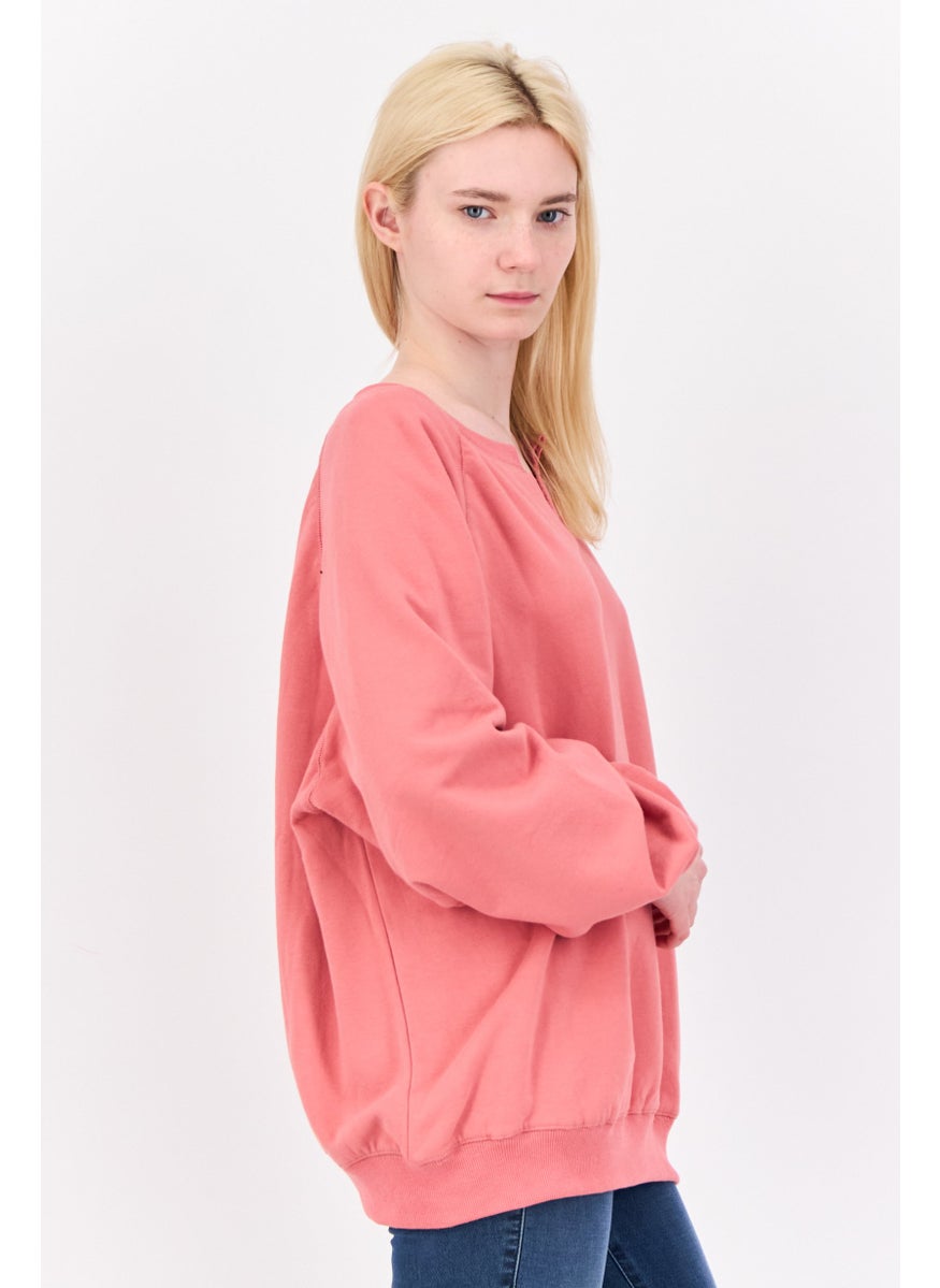 NIA Women Split Neck Long Sleeve Plain Sweatshirts, Coral  - Image 2