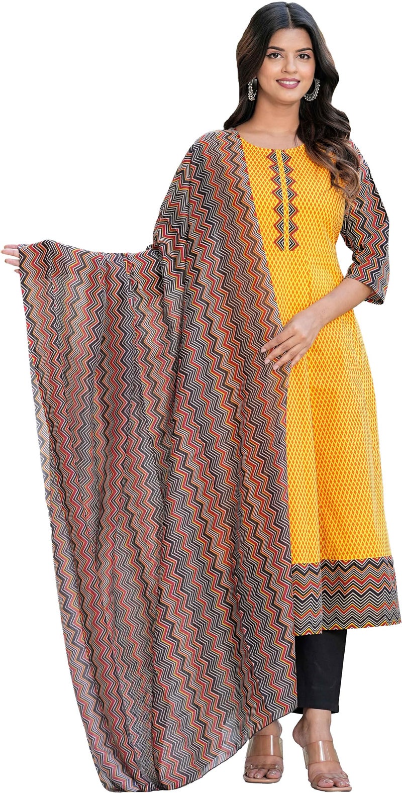 Yash Gallery Women's Cotton Geometric Print Anarkali Kurta & Duptta Mustard - Image 1