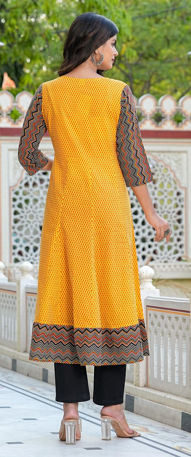 Yash Gallery Women's Cotton Geometric Print Anarkali Kurta & Duptta Mustard - Image 4