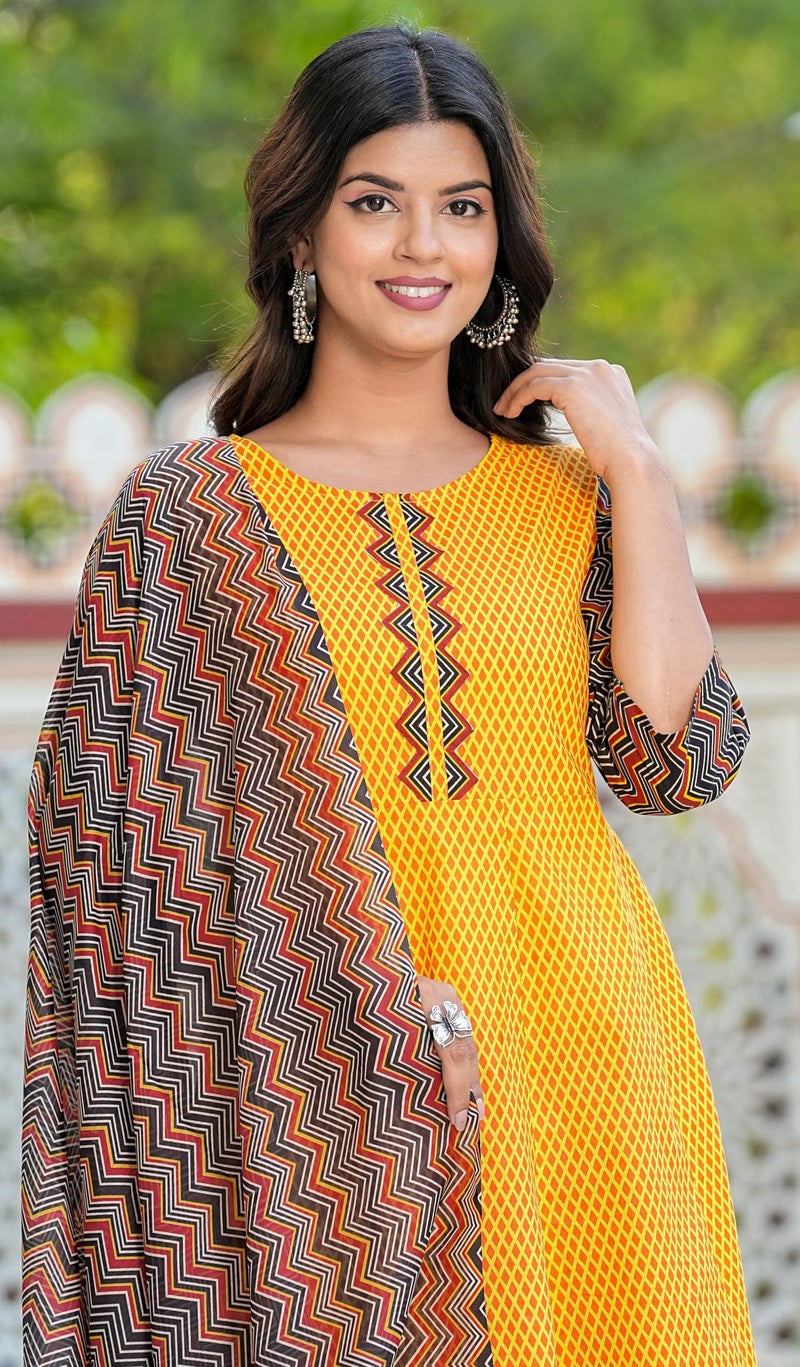 Yash Gallery Women's Cotton Geometric Print Anarkali Kurta & Duptta Mustard - Image 5
