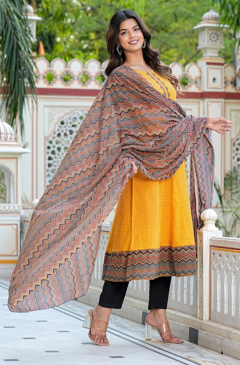 Yash Gallery Women's Cotton Geometric Print Anarkali Kurta & Duptta Mustard - Image 2