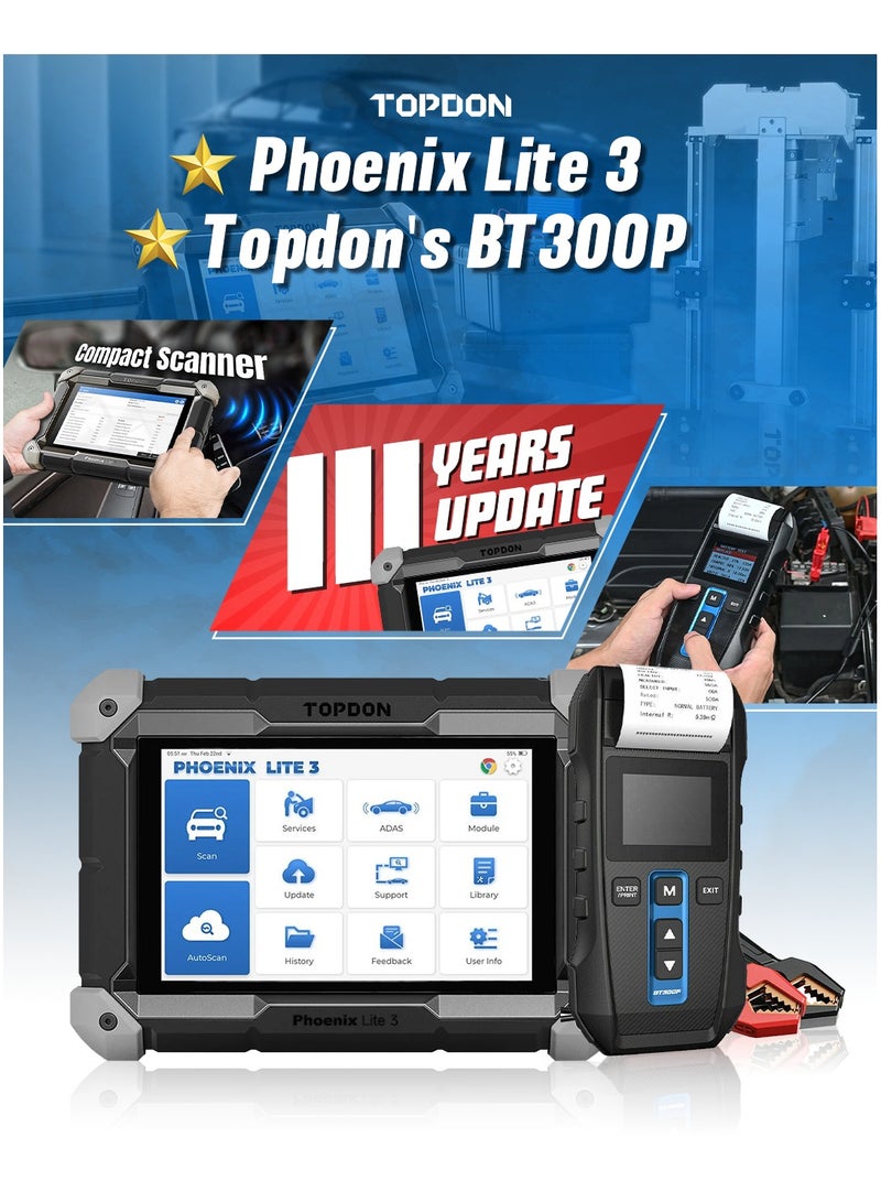 TOPDON Phoenix Lite 3 + BT300 – All-in-One Car Diagnostic Scanner & Battery Tester Combo – OE-Level Diagnostics, Bi-Directional Control, 35+ Reset Functions, 6V/12V Battery Support