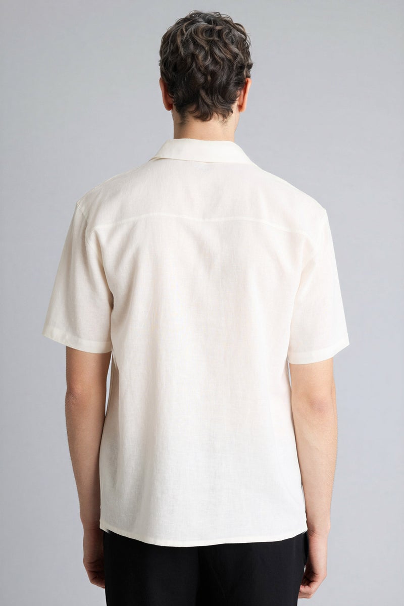 DeFacto Beige Man Polo Collar Linen Blend Short Sleeve Shirt Casual - Image 5