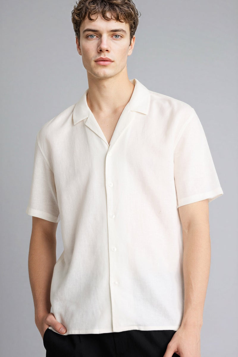 DeFacto Beige Man Polo Collar Linen Blend Short Sleeve Shirt Casual - Image 3